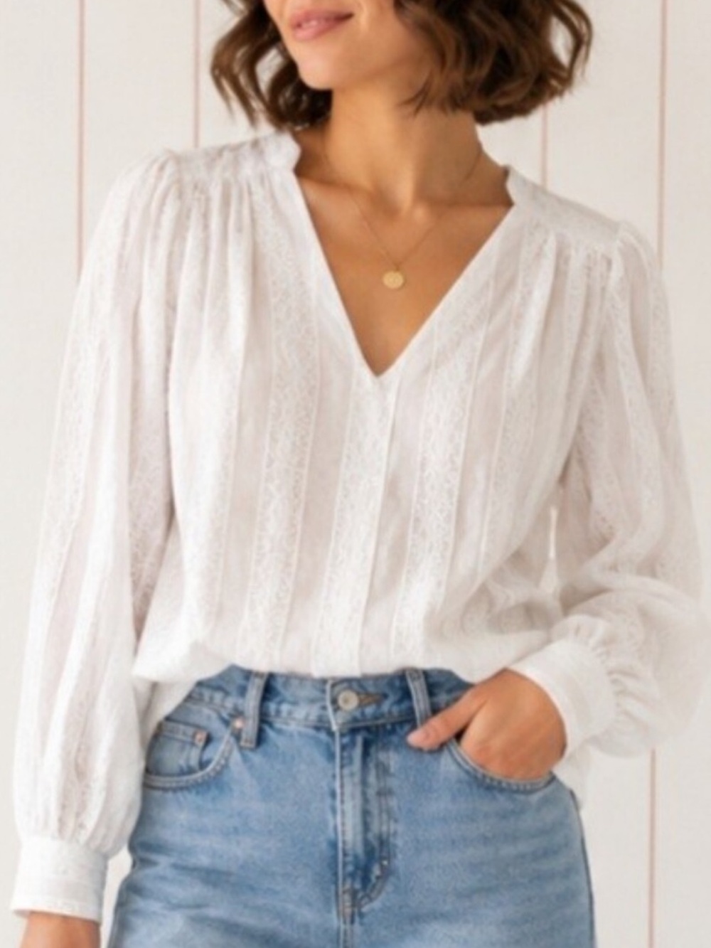 Women's White Lace-Detail V-Neck Blouse